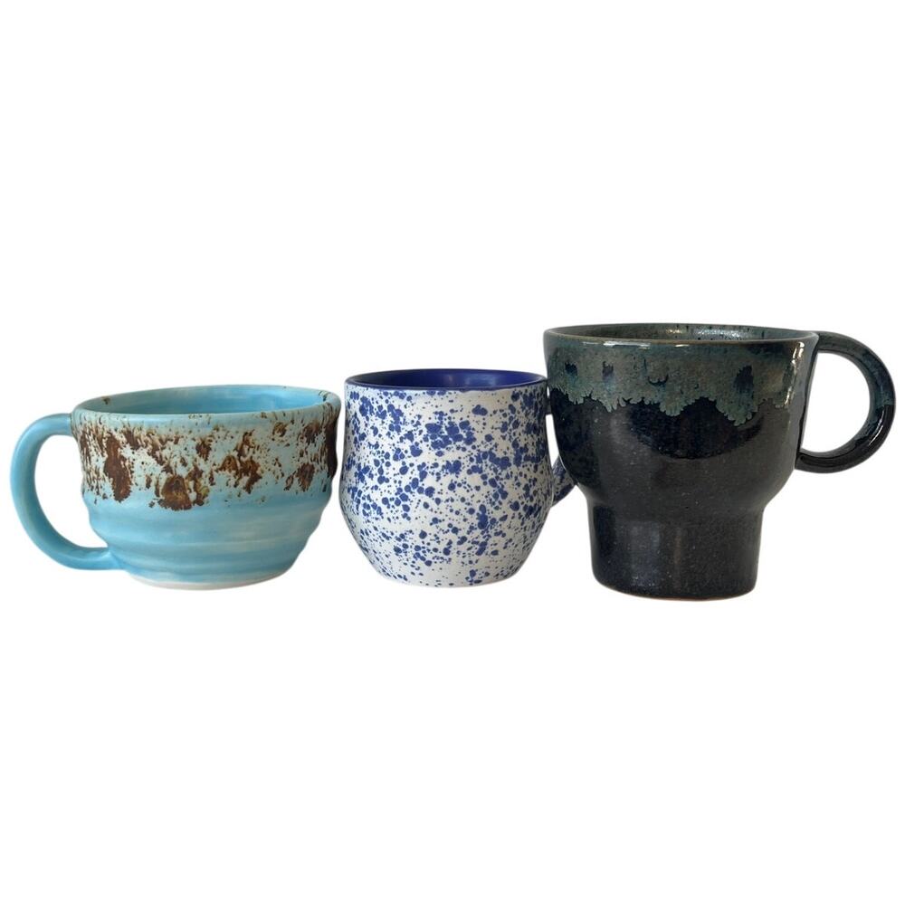 Handmade Studio Pottery Mugs Set of 3 Blue Speckle Drip Glaze SAD Marked Ceramic